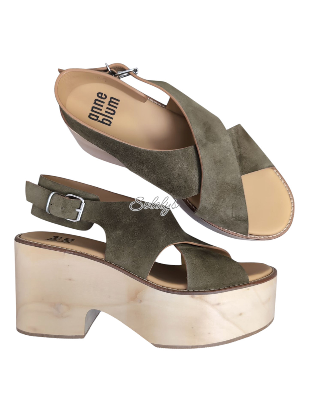 Anne Blum Sofia US 11 EU 42 Wooden Platform Suede Cross Strap Sandal Olive Green
